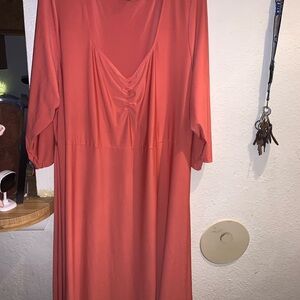 Women's Coral V-Neck Midi Dress with Gathered Bodice